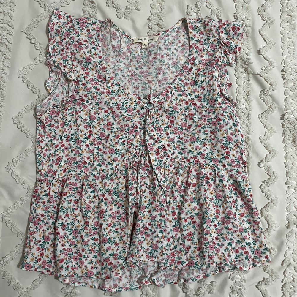Kingston Floral Ruffle Sleeve Blouse - Pink and Green